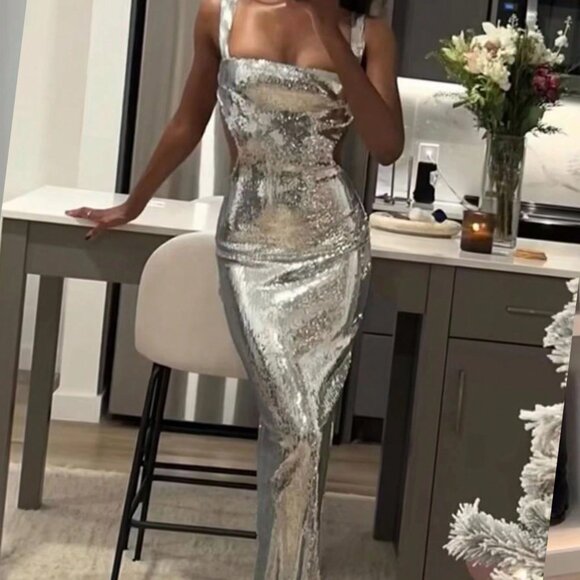 Silver Women's Metallic Sequin Square Neckline Backless Cocktail maxi dress - Picture 3 of 5